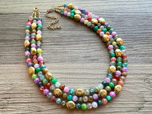 Load image into Gallery viewer, Golden Rainbow Tie Dye Beaded Necklace, Colorful Jewelry, Chunky statement necklace, big beaded rainbow jewelry baby