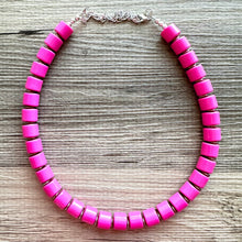 Load image into Gallery viewer, Hot Pink Pink Chunky Statement Necklace, 1 Strand Beaded Jewelry, Pink jewelry, tube bead layering bib dark pink drop earrings