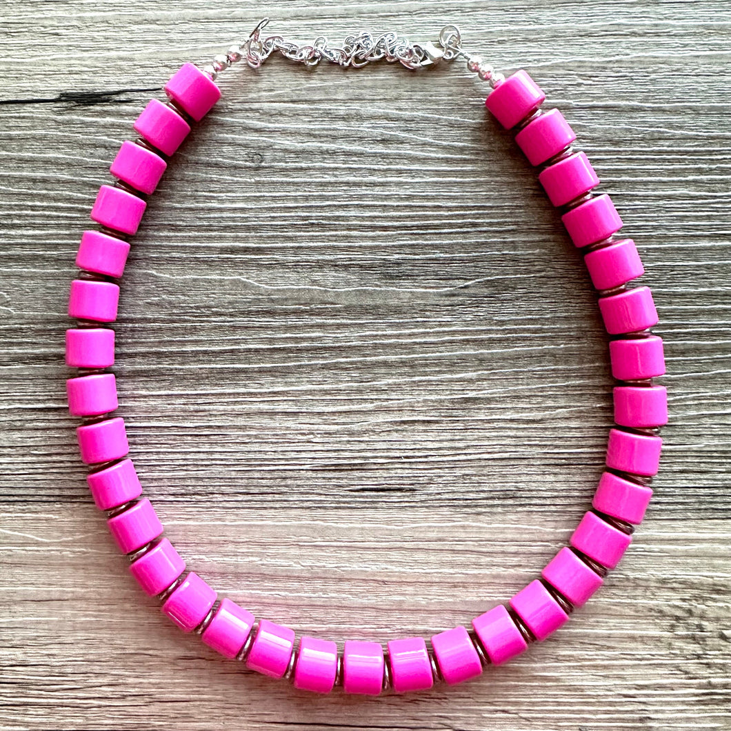 Hot Pink Pink Chunky Statement Necklace, 1 Strand Beaded Jewelry, Pink jewelry, tube bead layering bib dark pink drop earrings