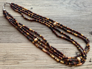 Vintage Long Earth Goddess Geometric Necklace, multi Strand Statement Jewelry, everyday wood Heishi tan champagne bone