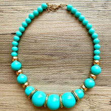 Load image into Gallery viewer, Long Turquoise chunky statement necklace, blue green jewelry, beaded gold long necklace, beaded chunky chain layering necklace golden