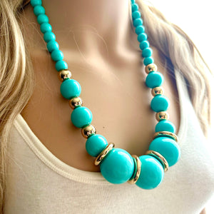 Long Turquoise chunky statement necklace, blue green jewelry, beaded gold long necklace, beaded chunky chain layering necklace golden