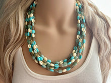 Load image into Gallery viewer, Make Waves 5 Strand statement necklace, turquoise beaded chunky jewelry, gold metallic jewelry necklace jade gray cream white beans