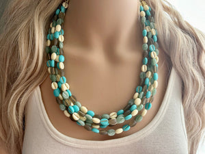 Make Waves 5 Strand statement necklace, turquoise beaded chunky jewelry, gold metallic jewelry necklace jade gray cream white beans