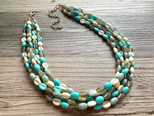 Load image into Gallery viewer, Make Waves 5 Strand statement necklace, turquoise beaded chunky jewelry, gold metallic jewelry necklace jade gray cream white beans