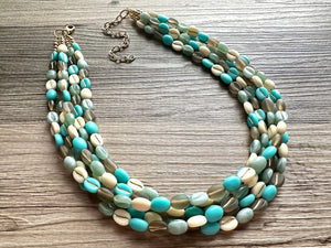 Make Waves 5 Strand statement necklace, turquoise beaded chunky jewelry, gold metallic jewelry necklace jade gray cream white beans
