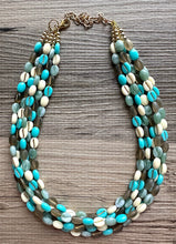 Load image into Gallery viewer, Make Waves 5 Strand statement necklace, turquoise beaded chunky jewelry, gold metallic jewelry necklace jade gray cream white beans