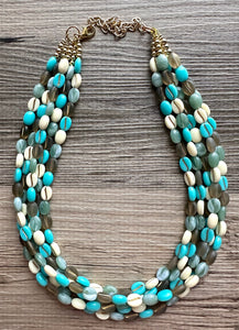 Make Waves 5 Strand statement necklace, turquoise beaded chunky jewelry, gold metallic jewelry necklace jade gray cream white beans