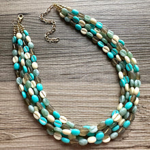 Load image into Gallery viewer, Make Waves 5 Strand statement necklace, turquoise beaded chunky jewelry, gold metallic jewelry necklace jade gray cream white beans