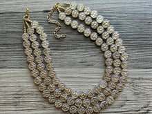 Load image into Gallery viewer, Gold Etched Purple Hologram Statement 3 Strand statement necklace, pretty big beaded chunky jewelry, golden shiny metallic jewelry necklace
