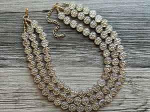 Gold Etched Purple Hologram Statement 3 Strand statement necklace, pretty big beaded chunky jewelry, golden shiny metallic jewelry necklace