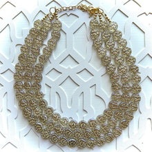 Load image into Gallery viewer, Gold Etched Purple Hologram Statement 3 Strand statement necklace, pretty big beaded chunky jewelry, golden shiny metallic jewelry necklace