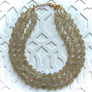 Gold Etched Purple Hologram Statement 3 Strand statement necklace, pretty big beaded chunky jewelry, golden shiny metallic jewelry necklace