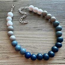 Load image into Gallery viewer, Ombré White Blue Single Layer Statement Necklace, Chunky Blue jewel tones Jewelry, wood beaded thick bib necklace gray navy blue