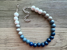 Load image into Gallery viewer, Ombré White Blue Single Layer Statement Necklace, Chunky Blue jewel tones Jewelry, wood beaded thick bib necklace gray navy blue