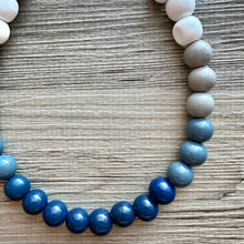 Load image into Gallery viewer, Ombré White Blue Single Layer Statement Necklace, Chunky Blue jewel tones Jewelry, wood beaded thick bib necklace gray navy blue