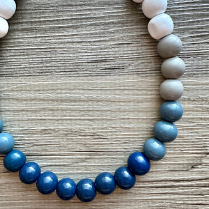 Ombré White Blue Single Layer Statement Necklace, Chunky Blue jewel tones Jewelry, wood beaded thick bib necklace gray navy blue