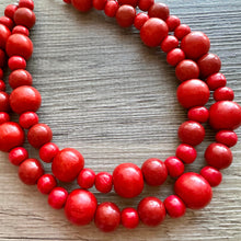 Load image into Gallery viewer, Bubble Red Wood Beaded Necklace, Colorful Jewelry, Chunky wooden statement, big beaded necklace, birthday 2 strand thick collar beads
