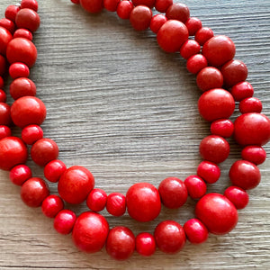 Bubble Red Wood Beaded Necklace, Colorful Jewelry, Chunky wooden statement, big beaded necklace, birthday 2 strand thick collar beads