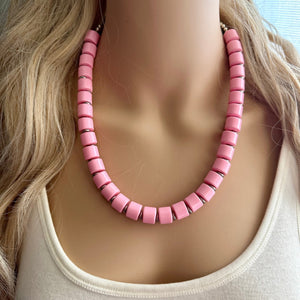 Blushing Beauty Statement Necklace, Blush Pink Single Strand Chunky Beaded Necklace, Baby Pink Jewelry silver gunmetal Necklace set earrings