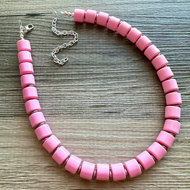 Blushing Beauty Statement Necklace, Blush Pink Single Strand Chunky Beaded Necklace, Baby Pink Jewelry silver gunmetal Necklace set earrings