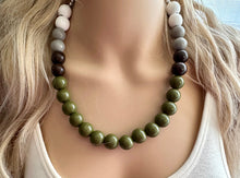 Load image into Gallery viewer, Ombré White Green Single Layer Statement Necklace, Chunky Green jewel tones Jewelry, wood beaded thick bib necklace gray olive gray