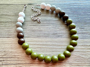 Ombré White Green Single Layer Statement Necklace, Chunky Green jewel tones Jewelry, wood beaded thick bib necklace gray olive gray