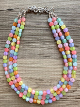 Load image into Gallery viewer, Rainbow Chunky Statement Necklace, 3 layer multi Strand Beaded Jewelry, blue pink green yellow jewelry, spring necklace, Easter statement