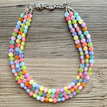 Load image into Gallery viewer, Rainbow Chunky Statement Necklace, 3 layer multi Strand Beaded Jewelry, blue pink green yellow jewelry, spring necklace, Easter statement