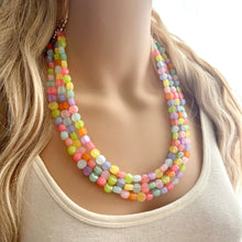 Load image into Gallery viewer, Rainbow Chunky Statement Necklace, 3 layer multi Strand Beaded Jewelry, blue pink green yellow jewelry, spring necklace, Easter statement