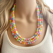 Load image into Gallery viewer, Rainbow Chunky Statement Necklace, 3 layer multi Strand Beaded Jewelry, blue pink green yellow jewelry, spring necklace, Easter statement