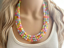 Load image into Gallery viewer, Rainbow Chunky Statement Necklace, 3 layer multi Strand Beaded Jewelry, blue pink green yellow jewelry, spring necklace, Easter statement