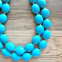 Load image into Gallery viewer, Teal Big Beaded Statement Necklace, beaded jewelry, blue jewelry, teal beaded necklace, turquoise jewelry, blue necklace, chunky beaded bib