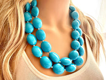 Load image into Gallery viewer, Teal Big Beaded Statement Necklace, beaded jewelry, blue jewelry, teal beaded necklace, turquoise jewelry, blue necklace, chunky beaded bib