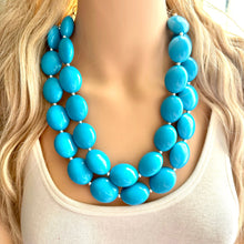 Load image into Gallery viewer, Teal Big Beaded Statement Necklace, beaded jewelry, blue jewelry, teal beaded necklace, turquoise jewelry, blue necklace, chunky beaded bib