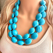 Load image into Gallery viewer, Teal Big Beaded Statement Necklace, beaded jewelry, blue jewelry, teal beaded necklace, turquoise jewelry, blue necklace, chunky beaded bib