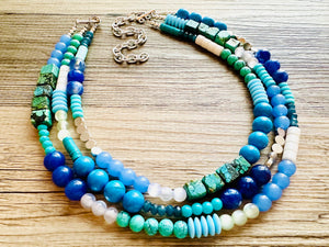 Tributaries Statement Necklace, chunky bib beaded jewelry, Turquoise blue aqua necklace, beaded glass jewelry navy blue teal chambray
