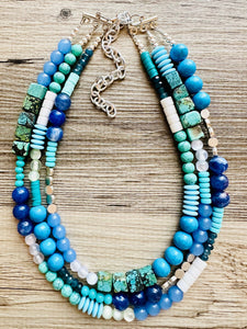 Tributaries Statement Necklace, chunky bib beaded jewelry, Turquoise blue aqua necklace, beaded glass jewelry navy blue teal chambray
