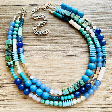 Tributaries Statement Necklace, chunky bib beaded jewelry, Turquoise blue aqua necklace, beaded glass jewelry navy blue teal chambray