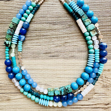 Load image into Gallery viewer, Tributaries Statement Necklace, chunky bib beaded jewelry, Turquoise blue aqua necklace, beaded glass jewelry navy blue teal chambray