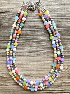 Colorful Spring Statement Necklace, Soft tone Beaded Necklace, Chunky bib necklace, pastel necklace, jewelry, bridesmaid necklace