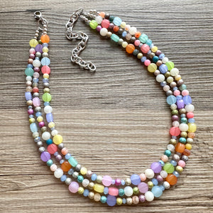 Colorful Spring Statement Necklace, Soft tone Beaded Necklace, Chunky bib necklace, pastel necklace, jewelry, bridesmaid necklace