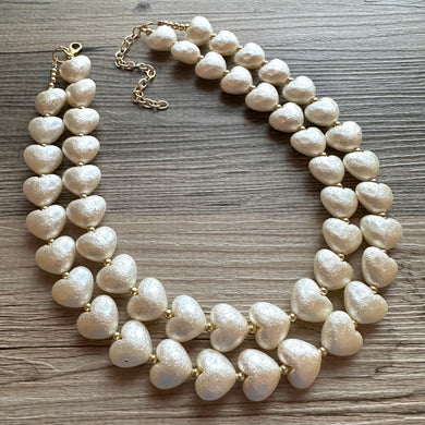 Paper Mache Heart Statement Necklace, Chunky double Strand Jewelry, Valentines Day jewelry, chunky cream bib beaded colorful off white gold