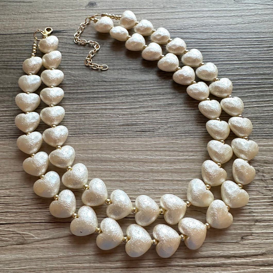 Paper Mache Heart Statement Necklace, Chunky double Strand Jewelry, Valentines Day jewelry, chunky cream bib beaded colorful off white gold