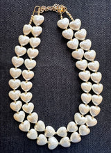 Load image into Gallery viewer, Paper Mache Heart Statement Necklace, Chunky double Strand Jewelry, Valentines Day jewelry, chunky cream bib beaded colorful off white gold