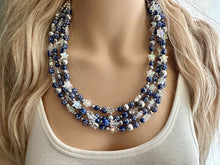 Load image into Gallery viewer, Midnight Kiss Necklace, silver &amp; Blue Statement Necklace, 4 strand chunky jewelry, dark blue navy gray periwinkle cadet sparkle glass