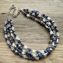 Load image into Gallery viewer, Midnight Kiss Necklace, silver &amp; Blue Statement Necklace, 4 strand chunky jewelry, dark blue navy gray periwinkle cadet sparkle glass