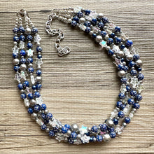 Load image into Gallery viewer, Midnight Kiss Necklace, silver &amp; Blue Statement Necklace, 4 strand chunky jewelry, dark blue navy gray periwinkle cadet sparkle glass