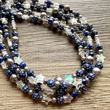 Load image into Gallery viewer, Midnight Kiss Necklace, silver &amp; Blue Statement Necklace, 4 strand chunky jewelry, dark blue navy gray periwinkle cadet sparkle glass