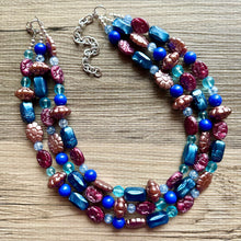 Load image into Gallery viewer, Eggplant Purple Cameo Chunky Statement Necklace 3 Strand Beaded jewelry bridesmaid bib wedding, dark purple crystal royal blue RoseGold